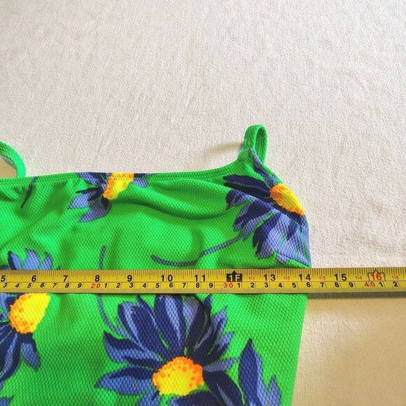 Vtg 90s LeBlanca 14 Green Neon Daisy One Piece Swimsuit High Cut Vintage Retro - Picture 2 of 9